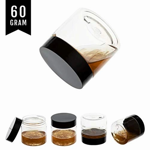 ZEJIA 20 Pack 2oz jars with lids Plastic Round Clear Leak-Proof Container with Black Lid Inner Liner and Labels for Cosmetic, Powders, Beads Jewelry, LiquidsBlack